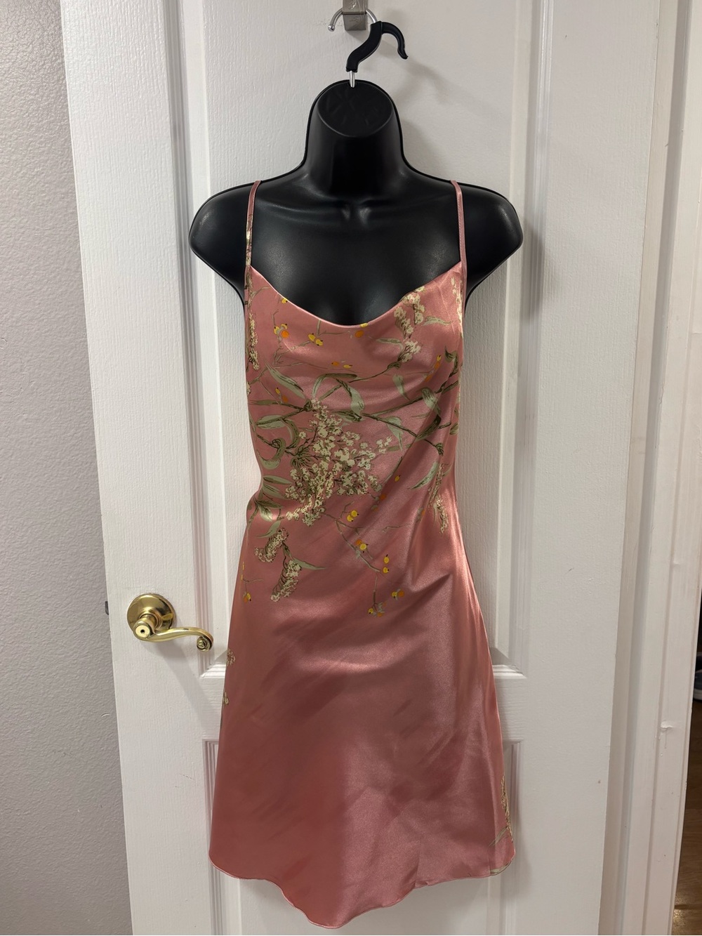 Feminine Satin Cowl Neck Floral Pink Sleeveless Mini Dress Fairy Formal Party M